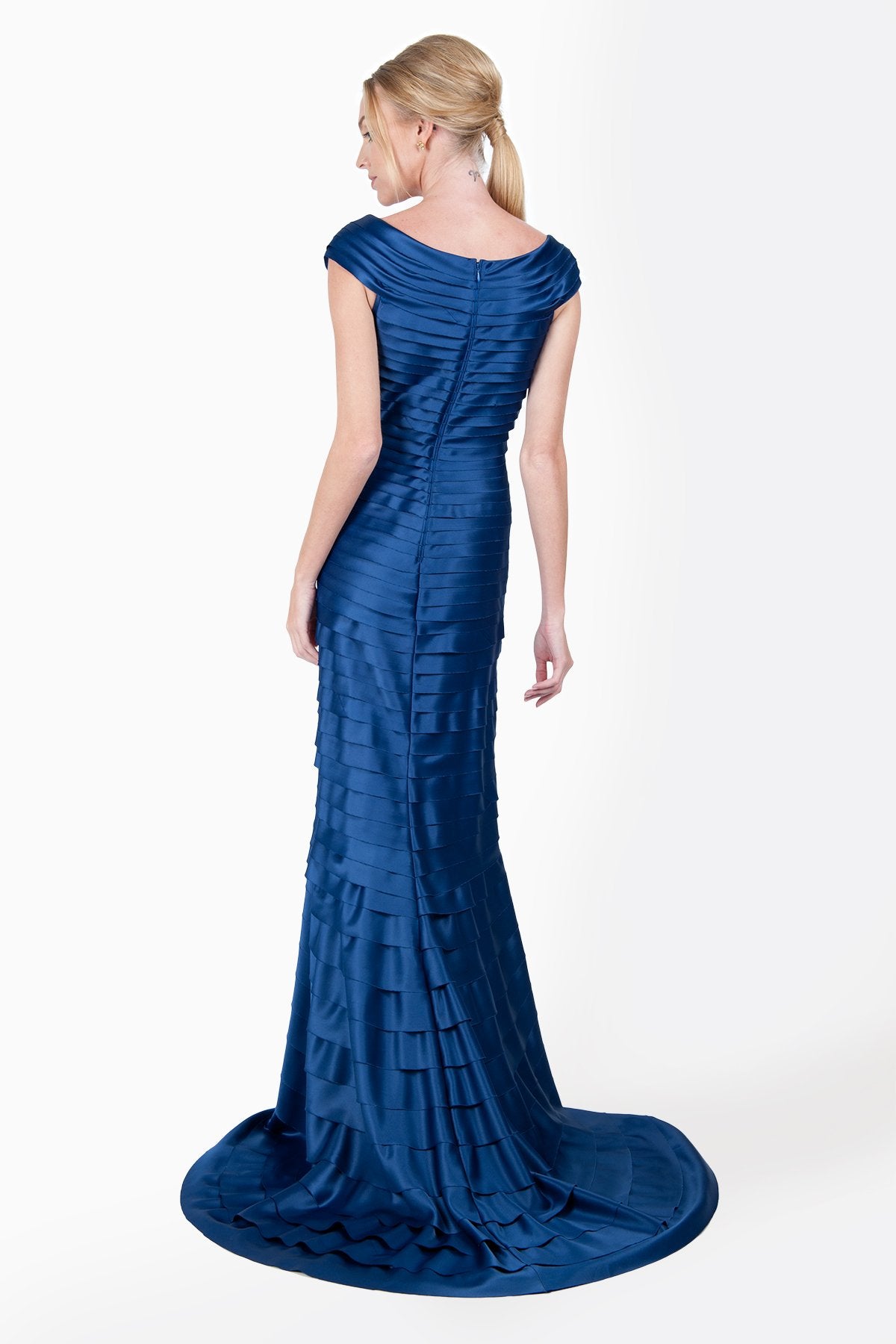 Peau De Soie Tiered V-Neck Off Shoulder Gown in Blue Lagoon