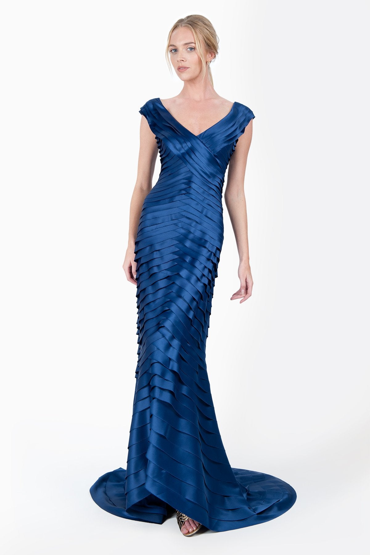 Peau De Soie Tiered V-Neck Off Shoulder Gown in Blue Lagoon