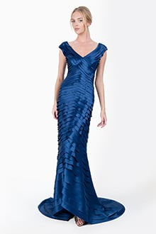 Peau De Soie Tiered V-Neck Off Shoulder Gown in Blue Lagoon
