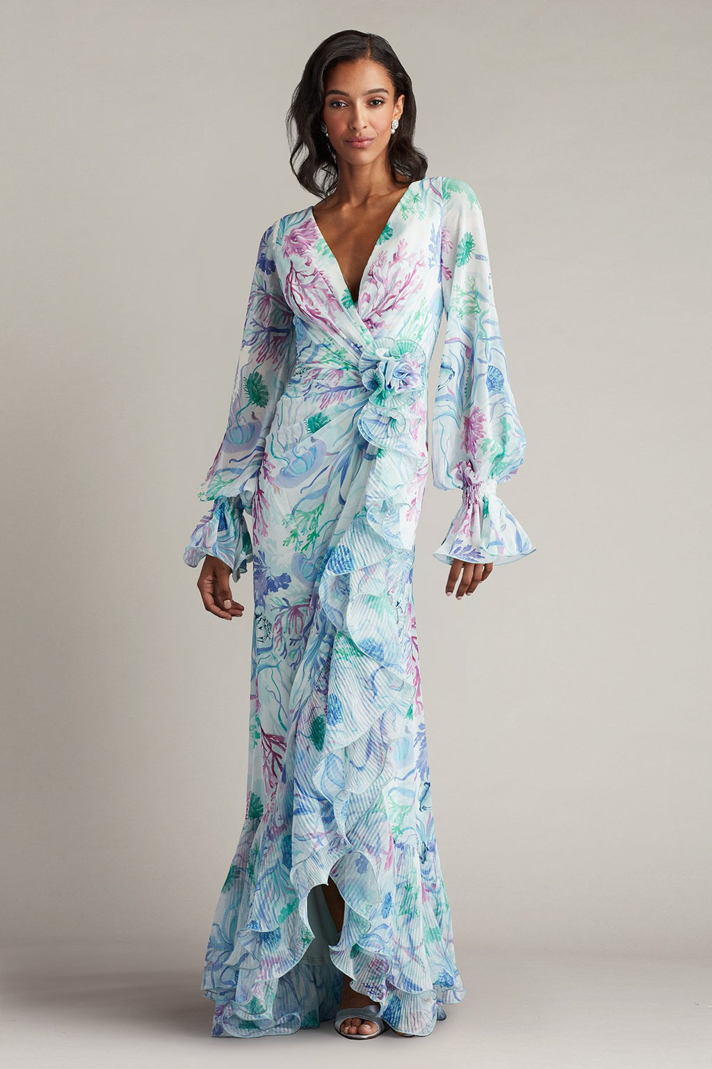 Byne Bishop Sleeve Oceanic Print Ruffle  Gown