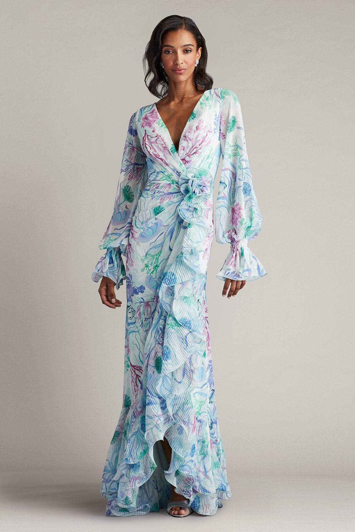 Byne Bishop Sleeve Oceanic Print Ruffle  Gown