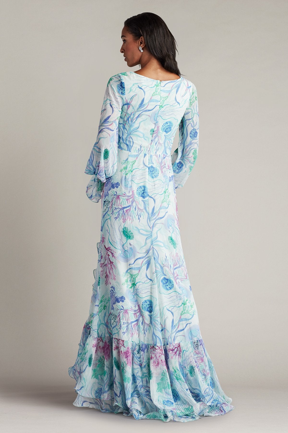 Byne Bishop Sleeve Oceanic Print Ruffle  Gown