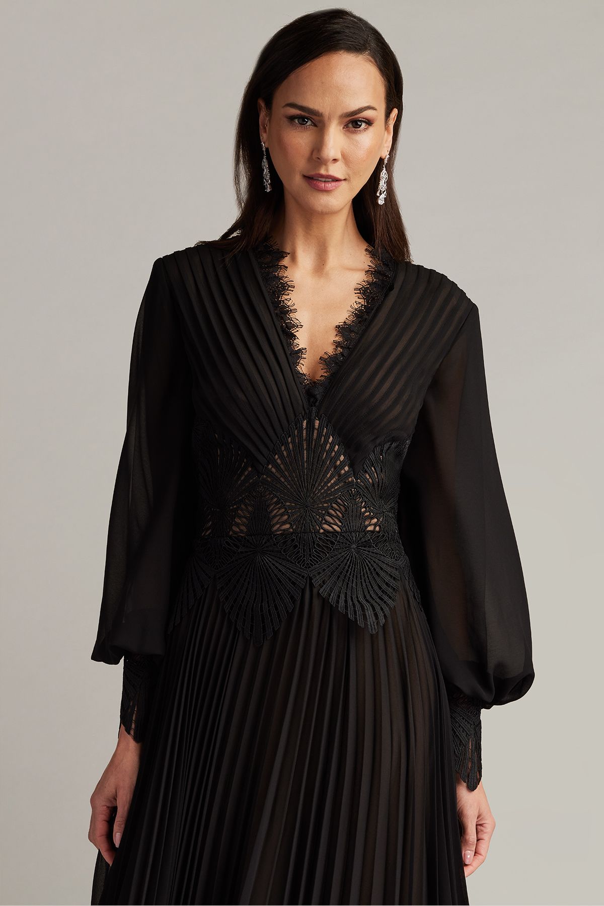 Yates Pleated Chiffon & Lace Gown