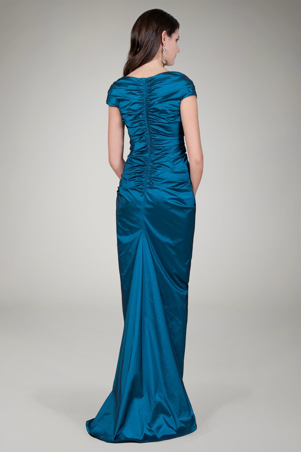 Ruched Cap Sleeve Taffeta Gown in Eclipse