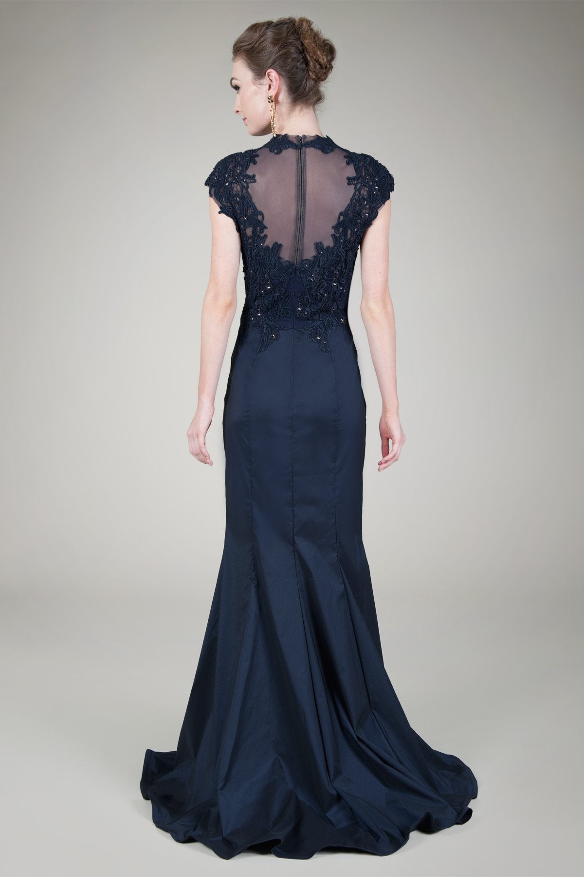 Beaded Lace Taffeta Gown in Navy