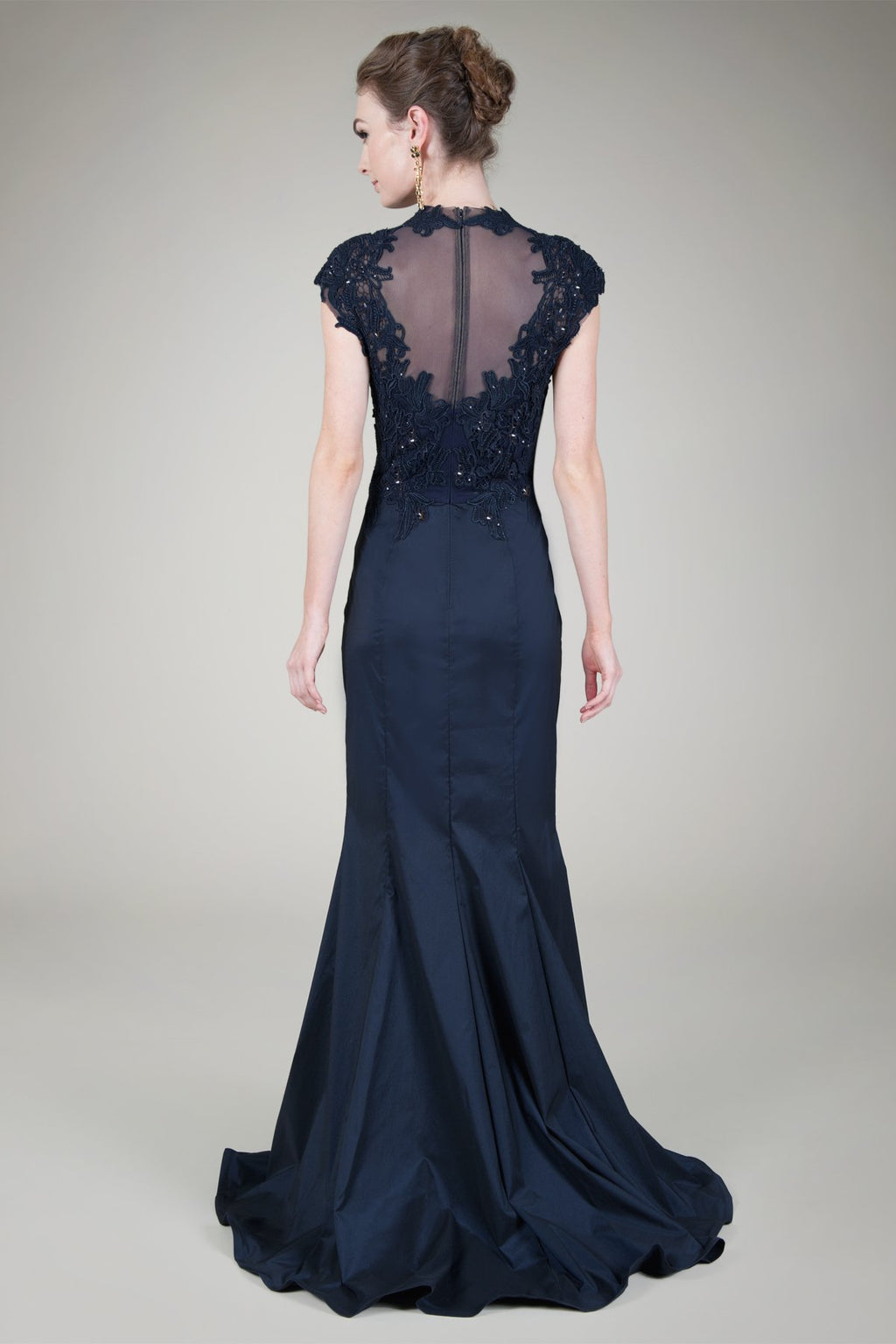 Beaded Lace Taffeta Gown in Navy
