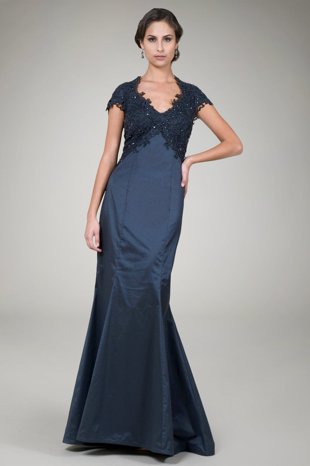 Navy Iridescent Taffeta Cap Sleeve Gown With Beaded Lace Detail