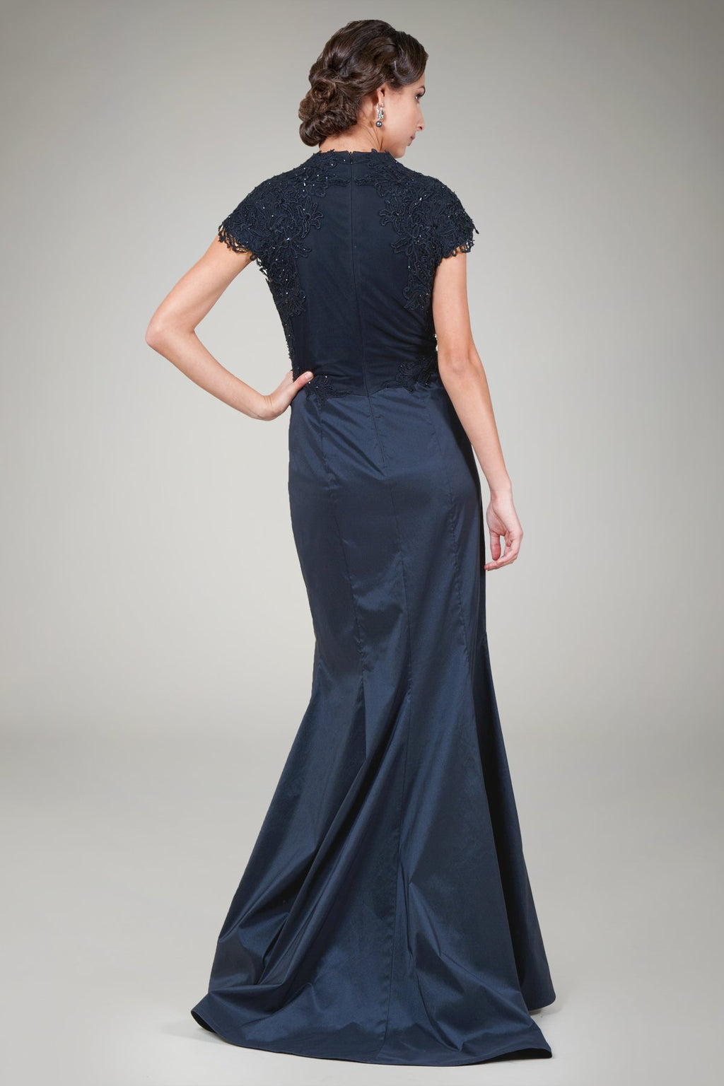 Navy Iridescent Taffeta Cap Sleeve Gown With Beaded Lace Detail