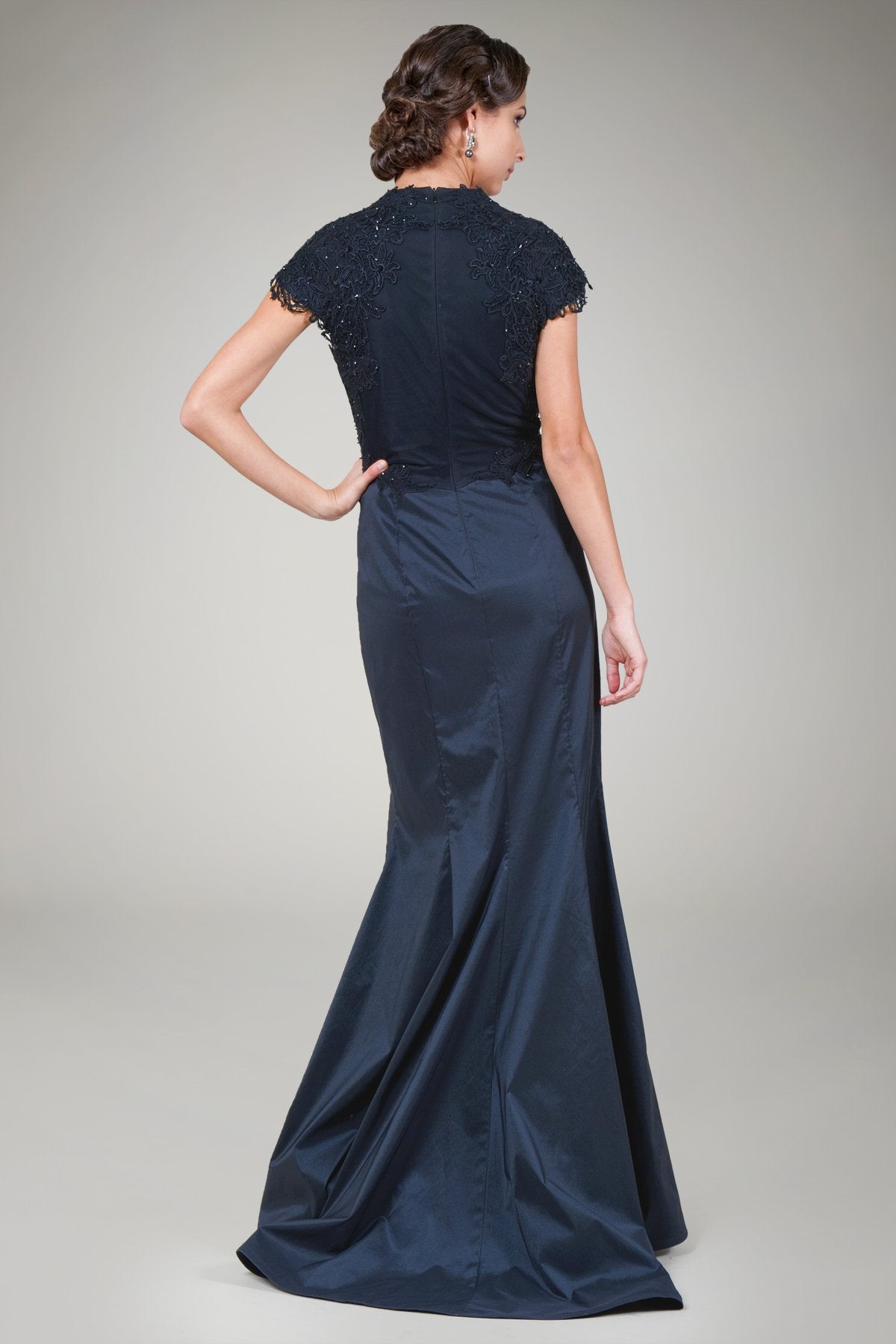 Navy Iridescent Taffeta Cap Sleeve Gown With Beaded Lace Detail
