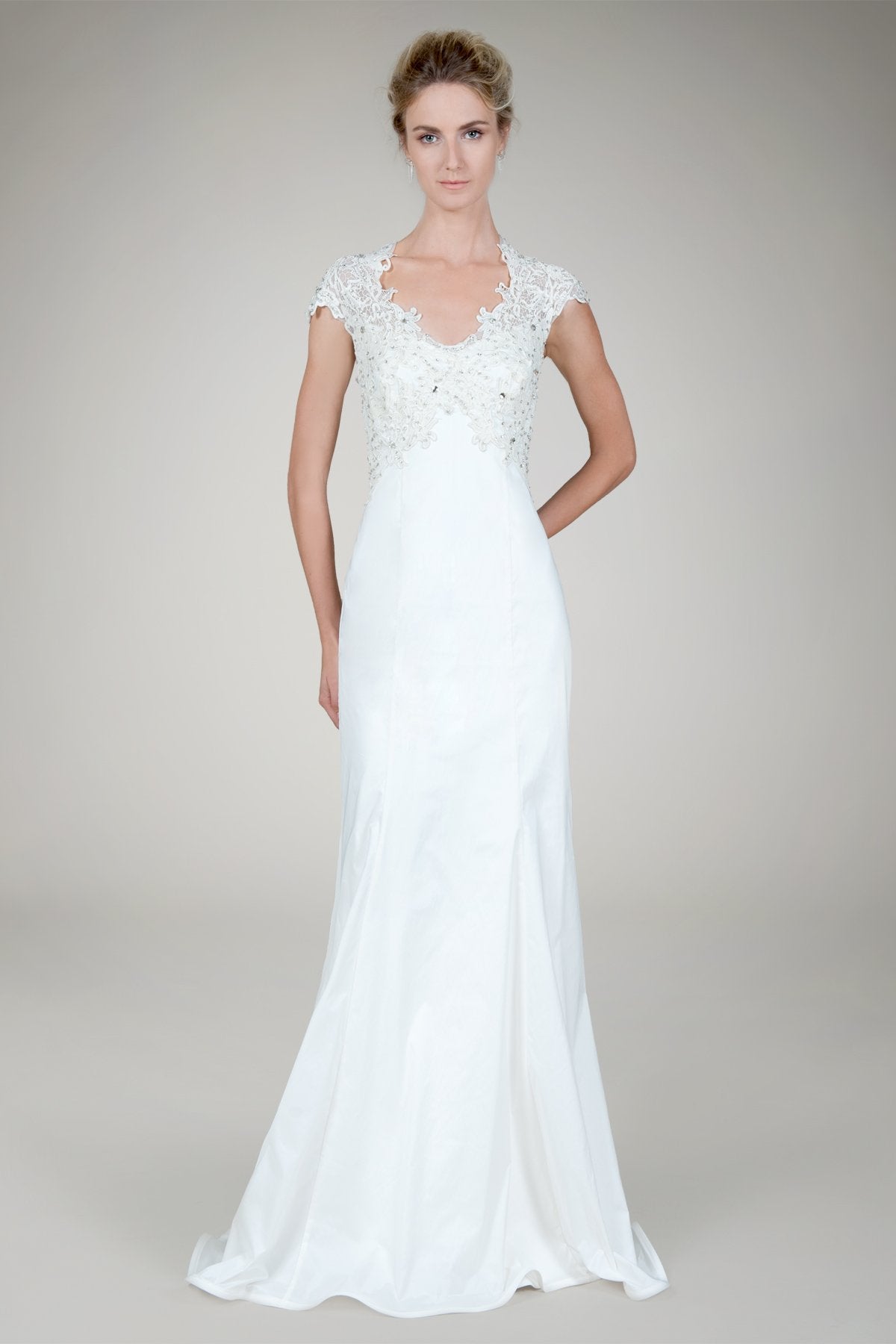 Beaded Lace Taffeta Gown in Ivory