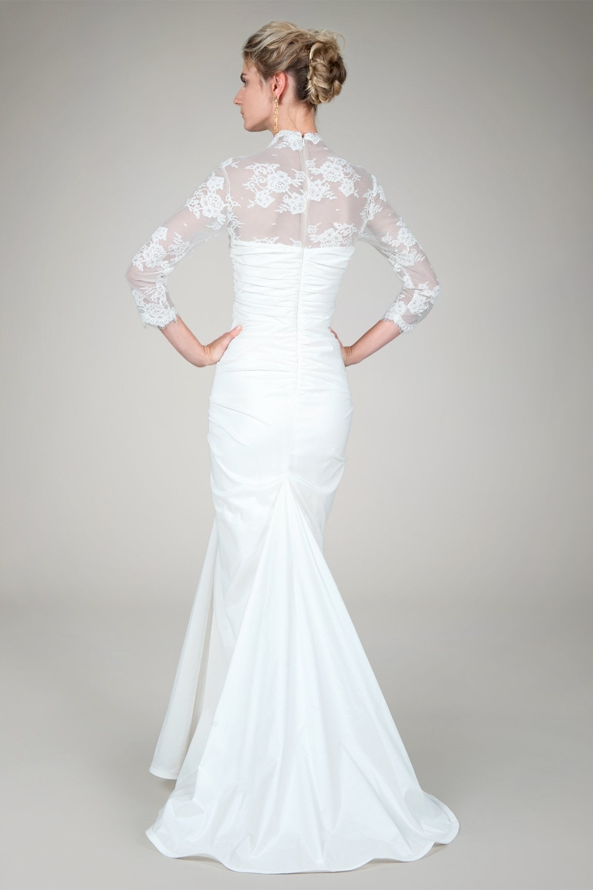 Lace Sleeve Taffeta Gown in Ivory