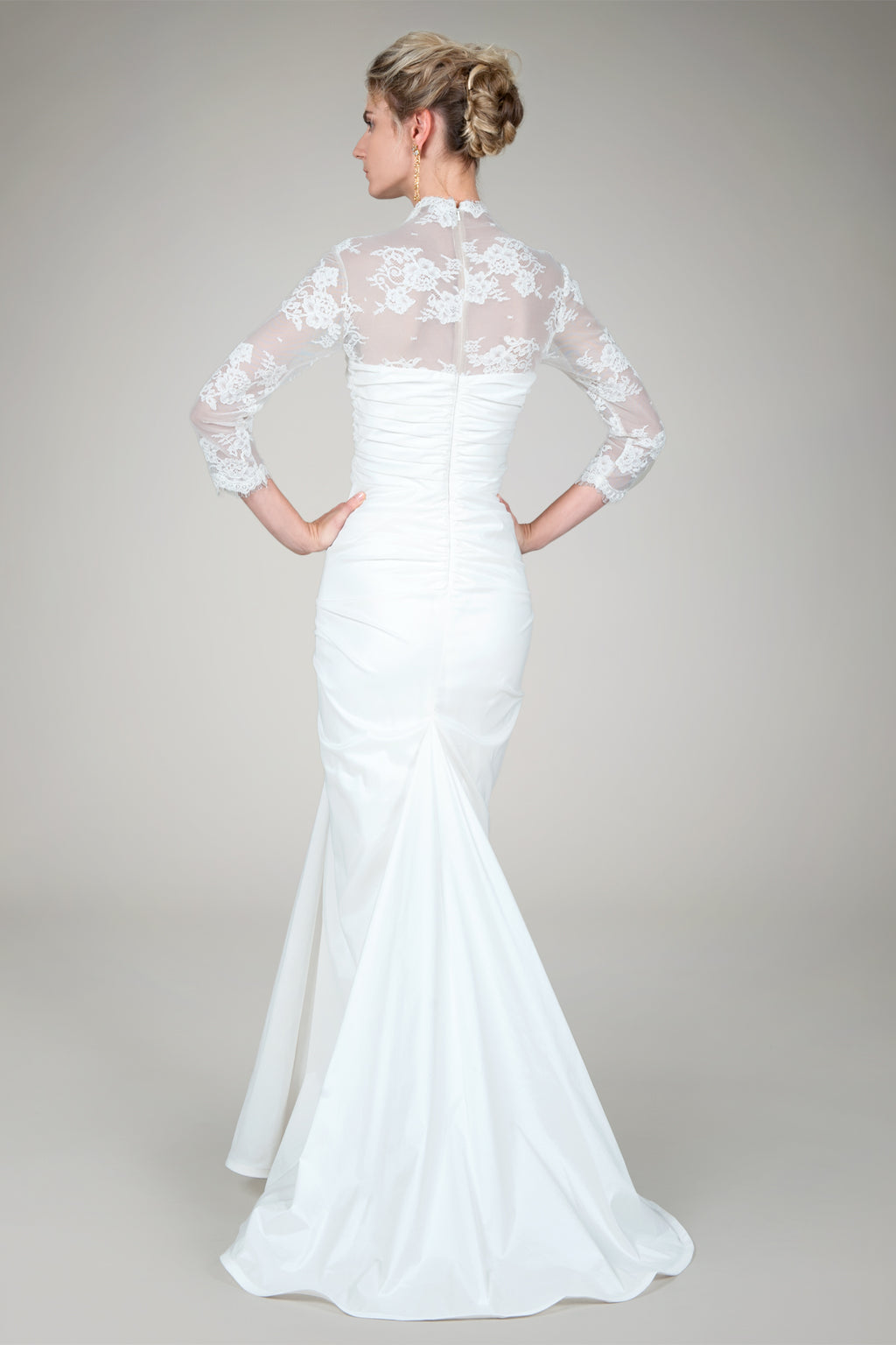 Lace Sleeve Taffeta Gown in Ivory