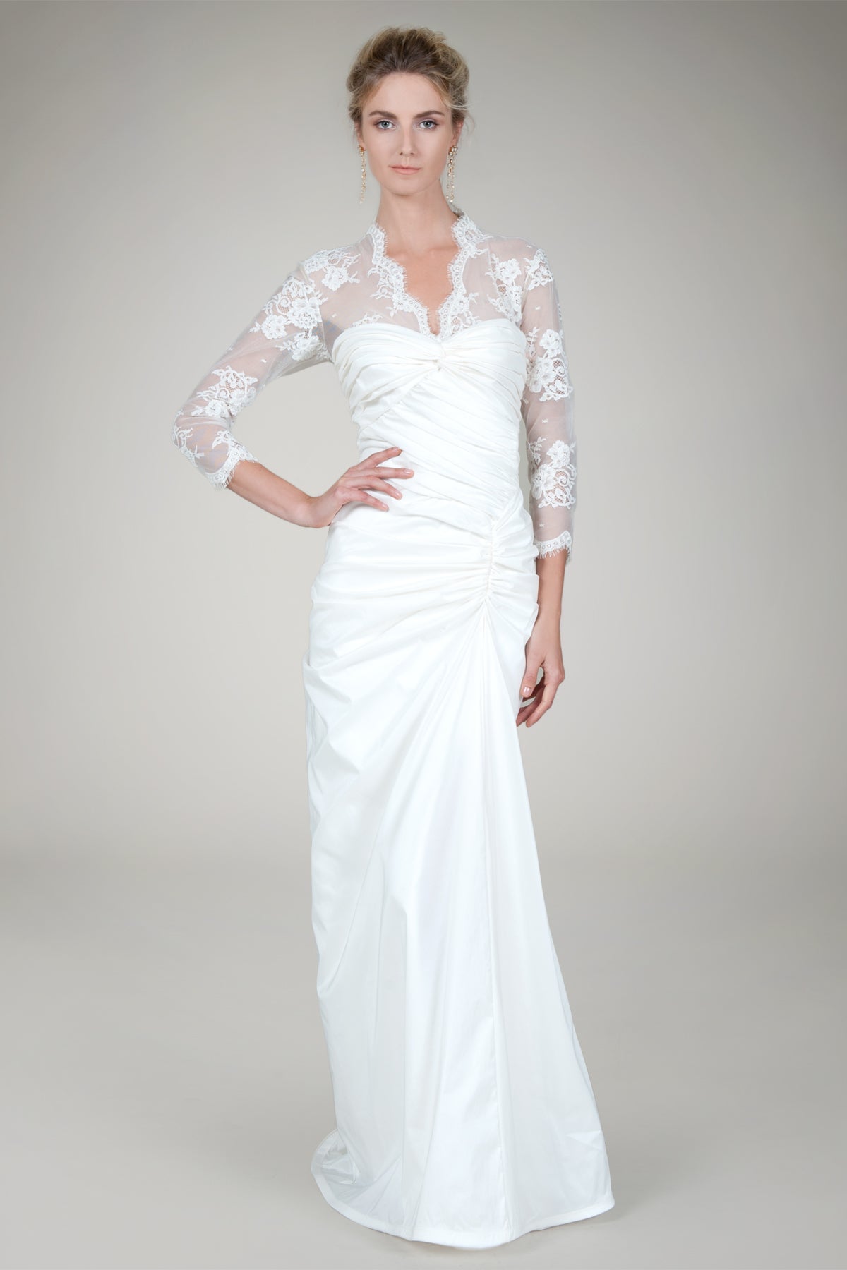 Lace Sleeve Taffeta Gown in Ivory