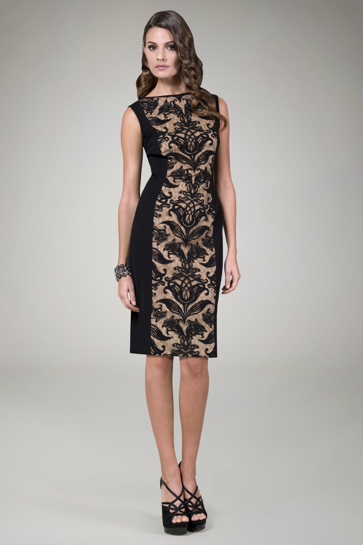 Lace Panel Cocktail Dress in Black / Nude