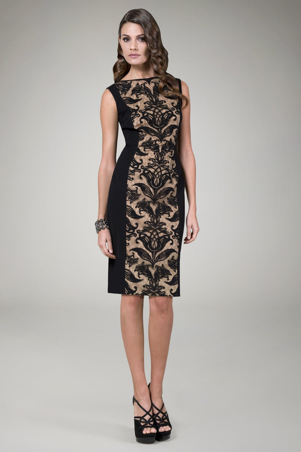 Lace Panel Cocktail Dress in Black / Nude