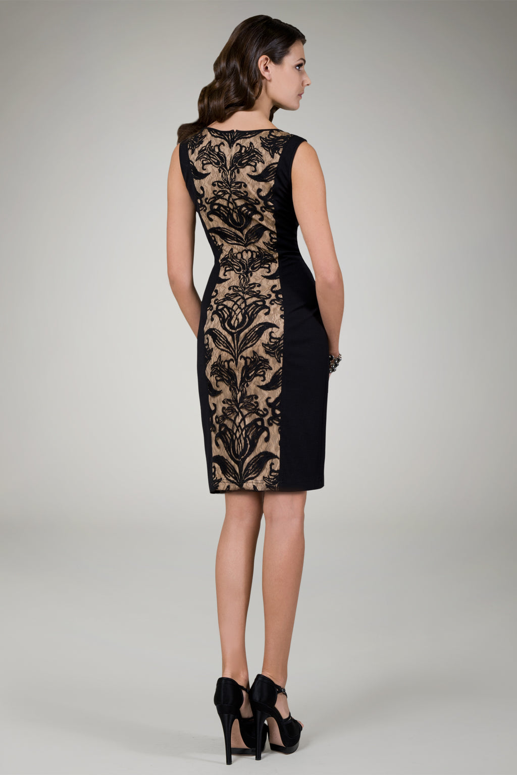 Lace Panel Cocktail Dress in Black / Nude