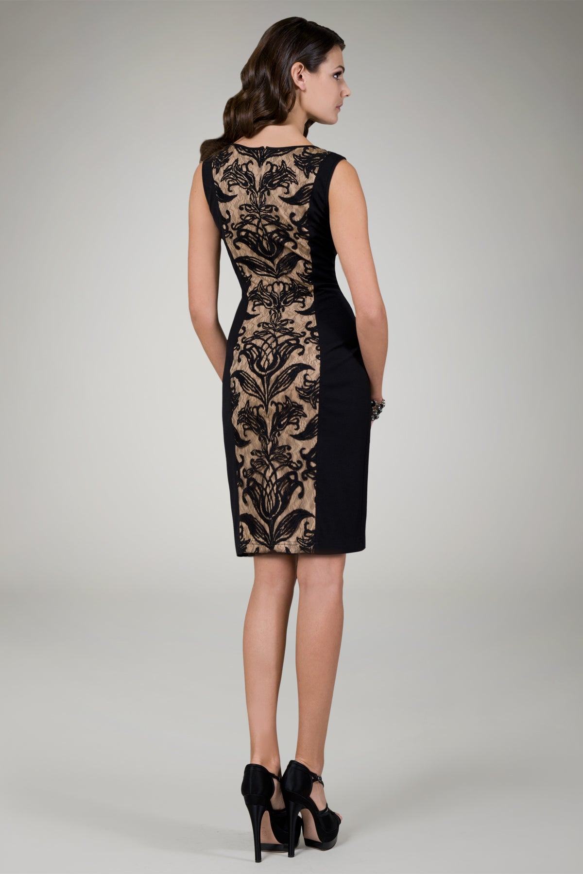 Lace Panel Cocktail Dress in Black / Nude