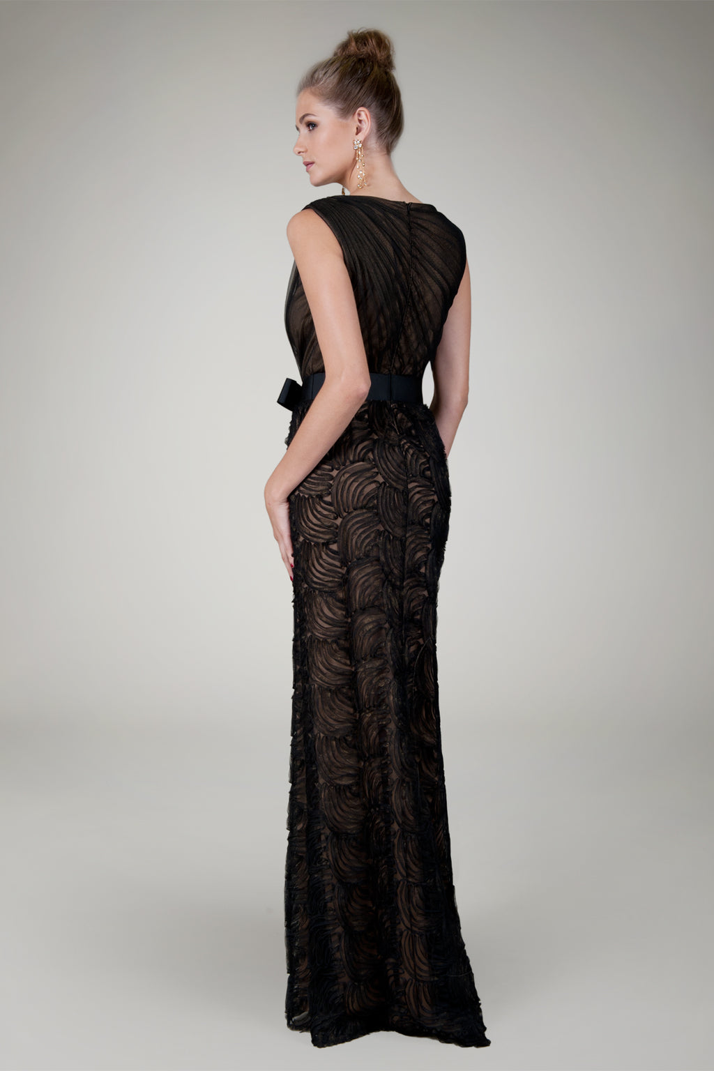 Cut Metallic Tulle Bateau Gown in Black / Nude