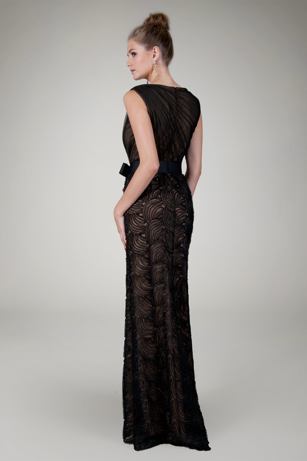 Cut Metallic Tulle Bateau Gown in Black / Nude