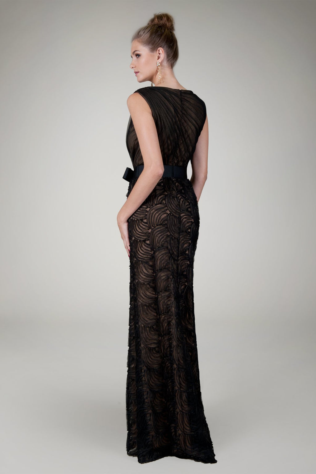 Cut Metallic Tulle Bateau Gown in Black / Nude