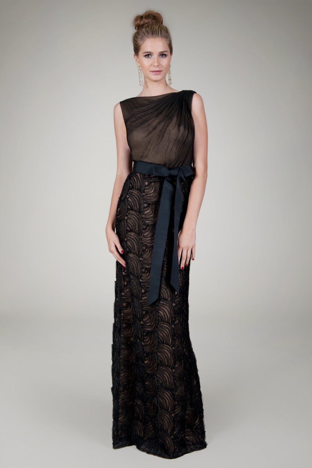 Cut Metallic Tulle Bateau Gown in Black / Nude