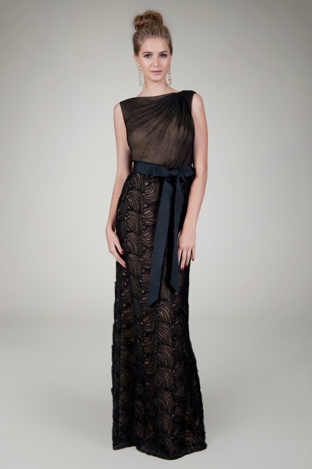 Cut Metallic Tulle Bateau Gown in Black / Nude