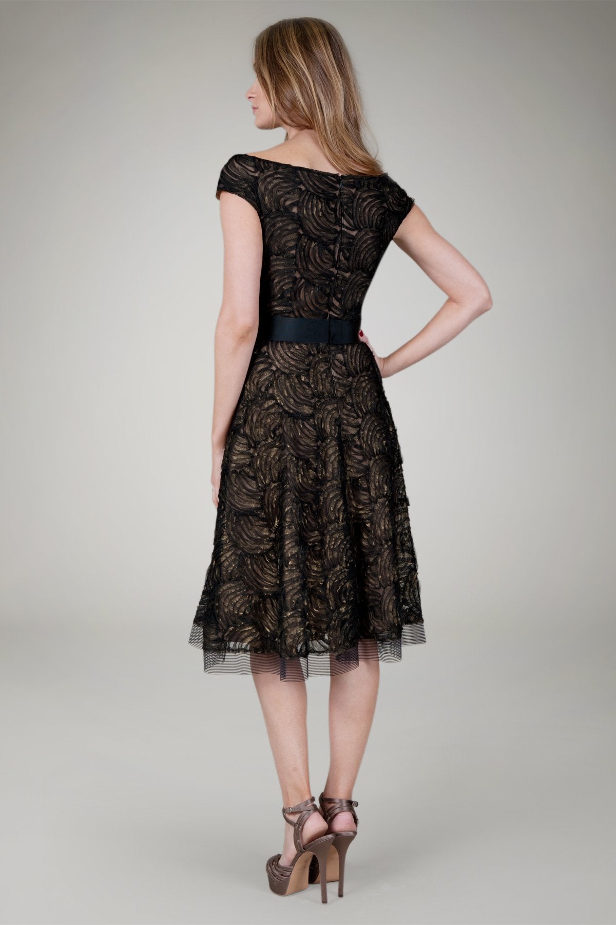 Cut Metallic Tulle Off Shoulder Dress in Black / Nude