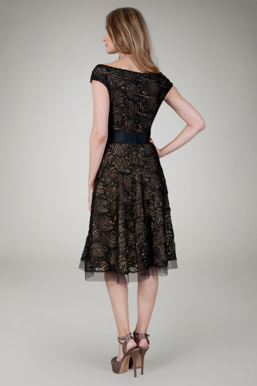 Cut Metallic Tulle Off Shoulder Dress in Black / Nude