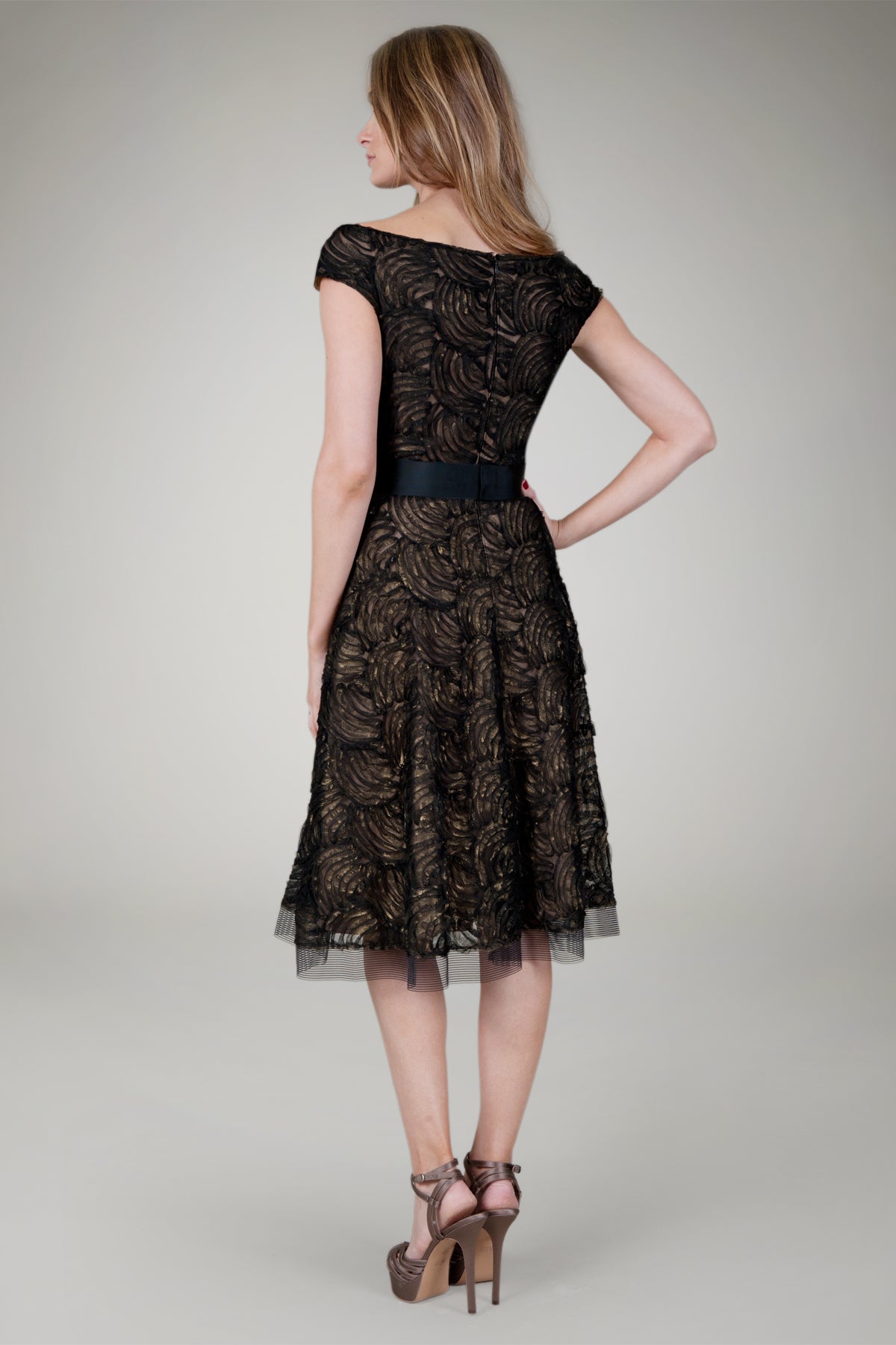 Cut Metallic Tulle Off Shoulder Dress in Black / Nude