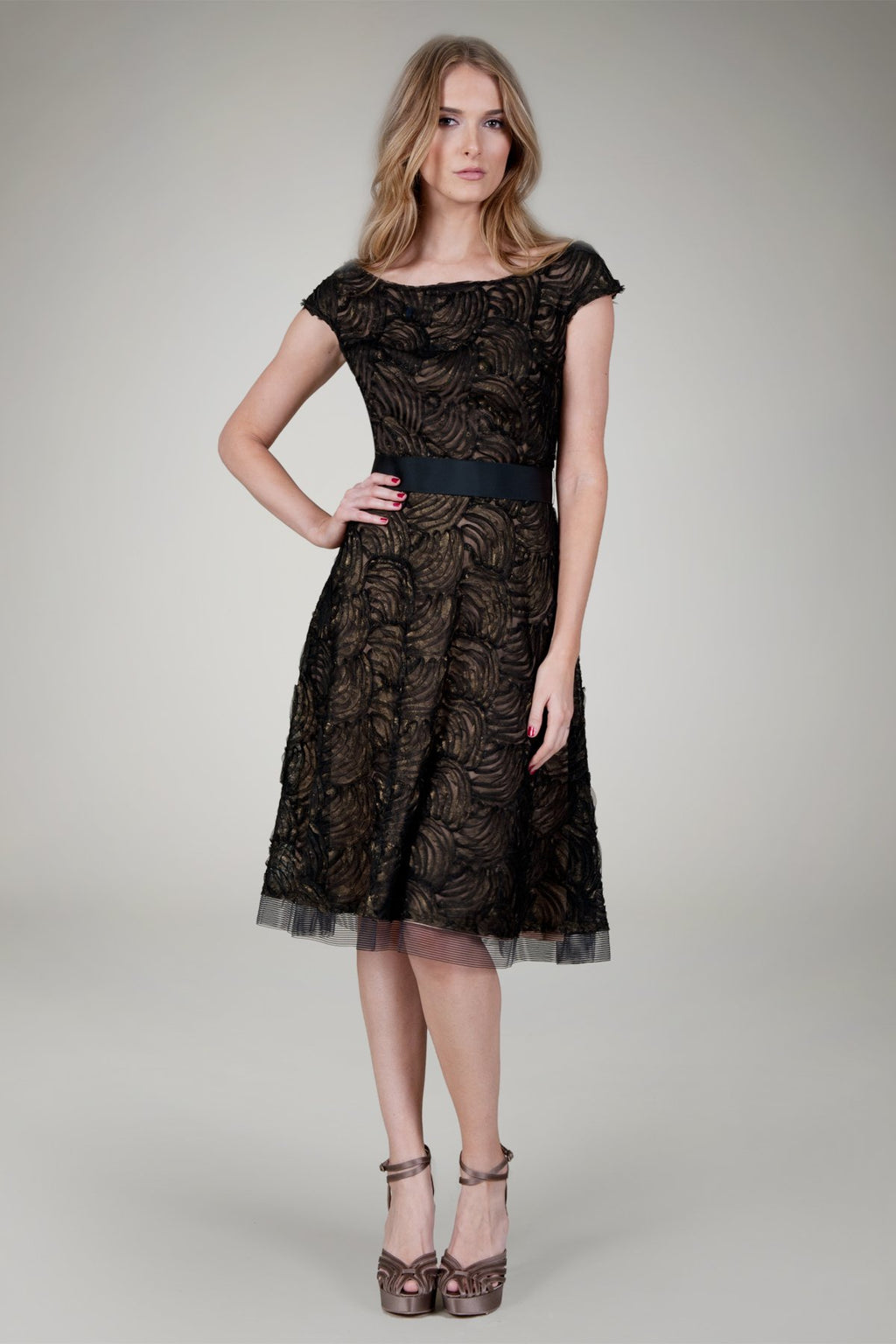 Cut Metallic Tulle Off Shoulder Dress in Black / Nude