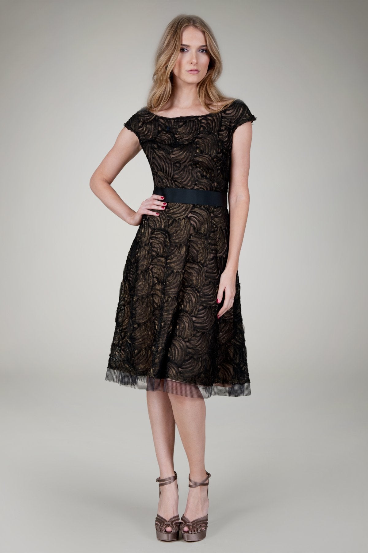 Cut Metallic Tulle Off Shoulder Dress in Black / Nude