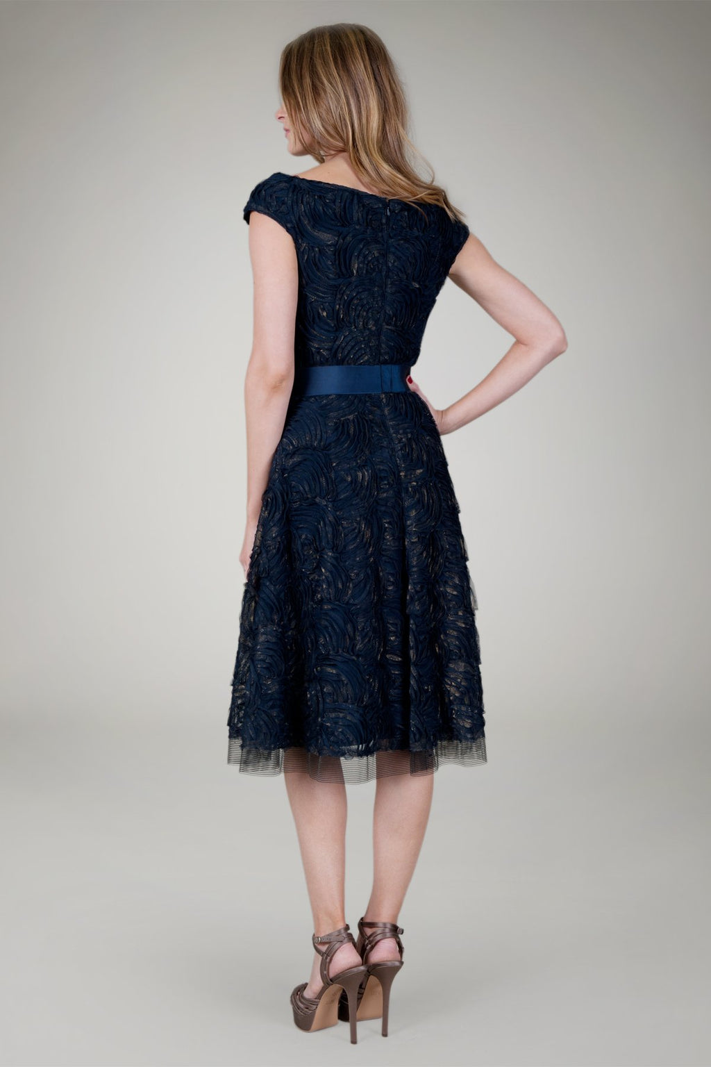 Cut Metallic Tulle Off Shoulder Dress in Navy