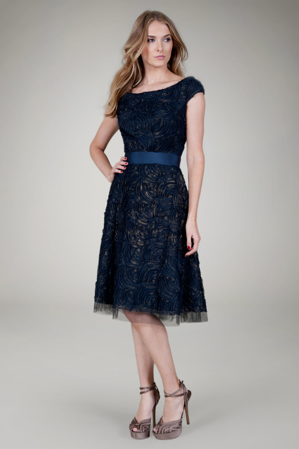 Cut Metallic Tulle Off Shoulder Dress in Navy