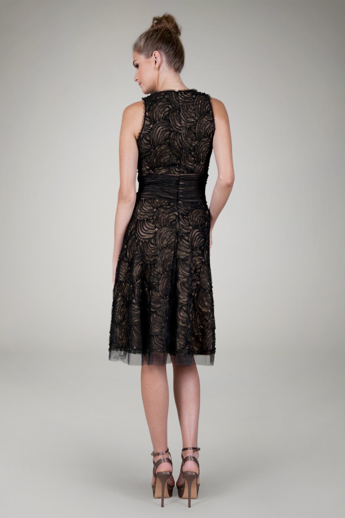 Cut Metallic Tulle Sleeveless Dress in Black / Nude
