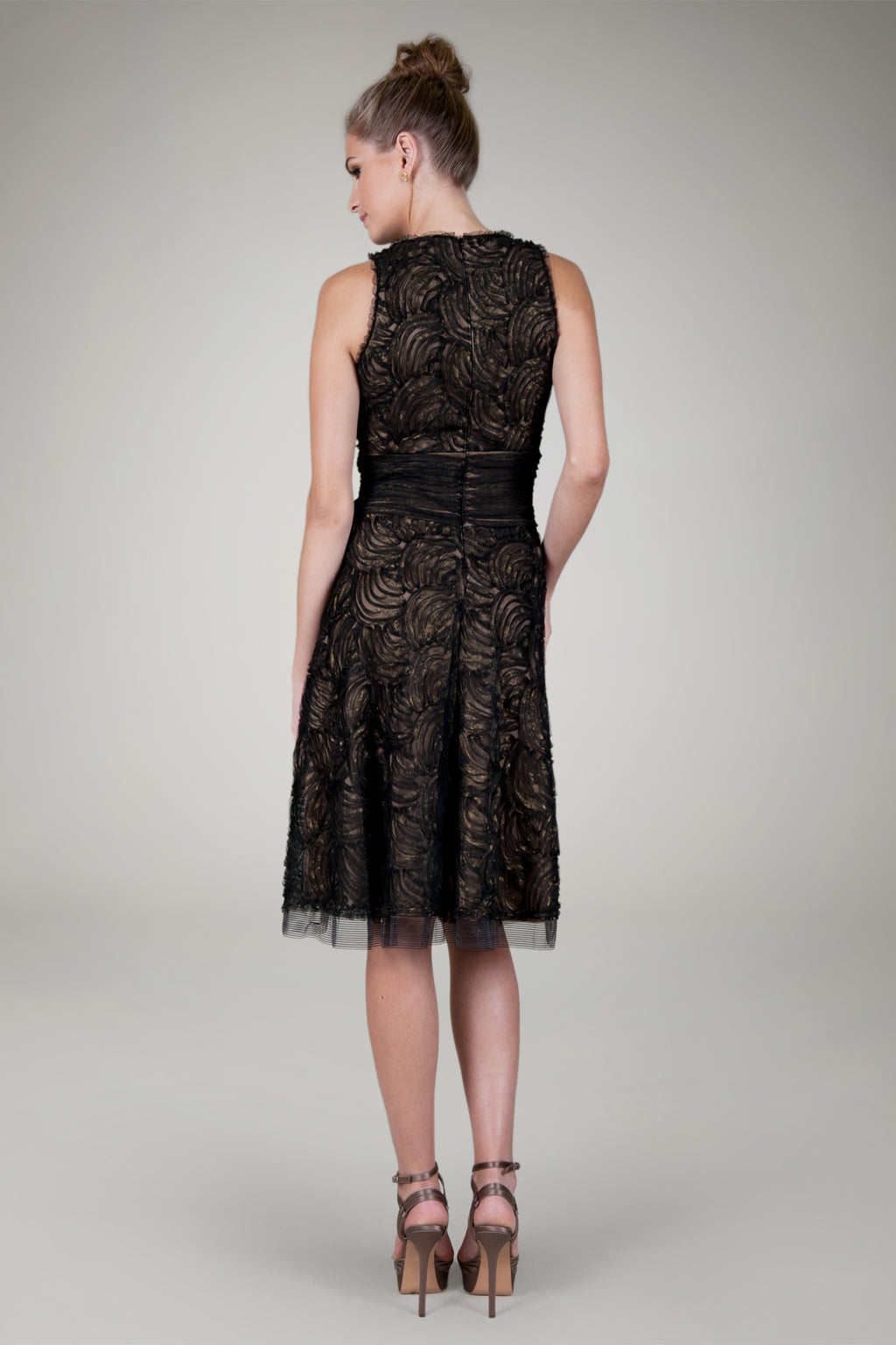 Cut Metallic Tulle Sleeveless Dress in Black / Nude