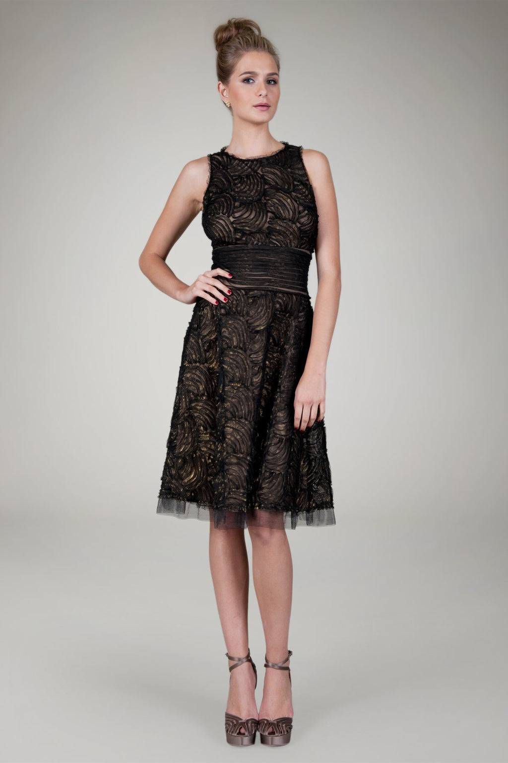 Cut Metallic Tulle Sleeveless Dress in Black / Nude
