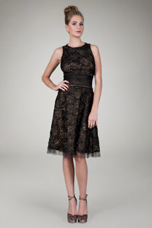 Cut Metallic Tulle Sleeveless Dress in Black / Nude