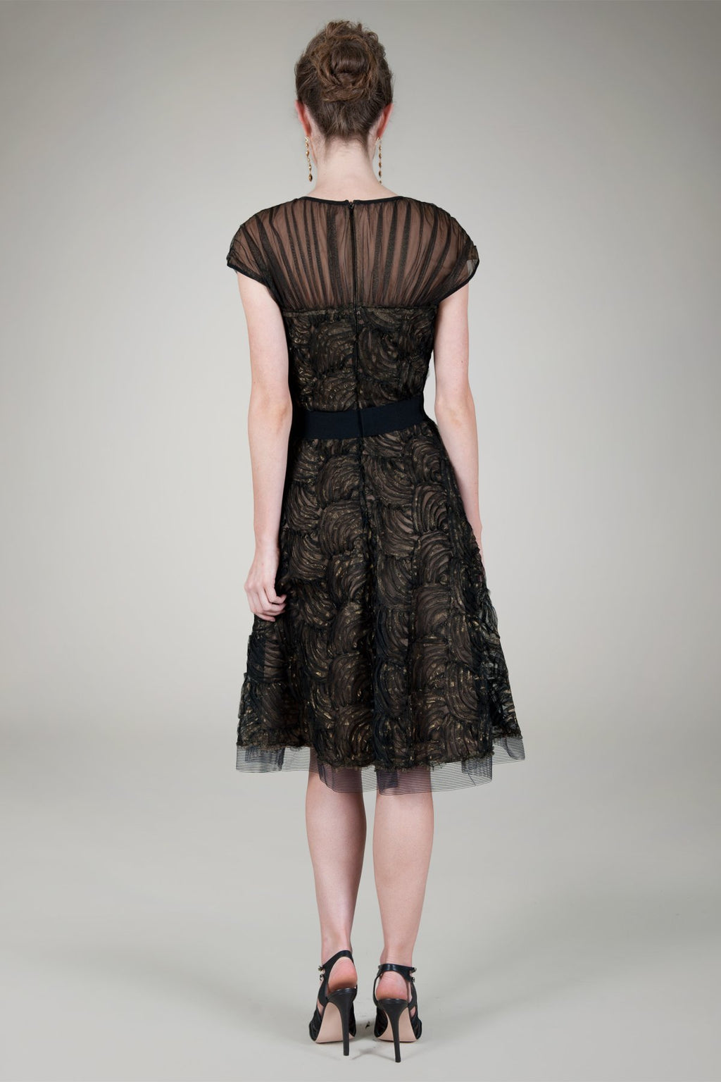 Cut Metallic Tulle Cap Sleeve Dress in Black / Nude