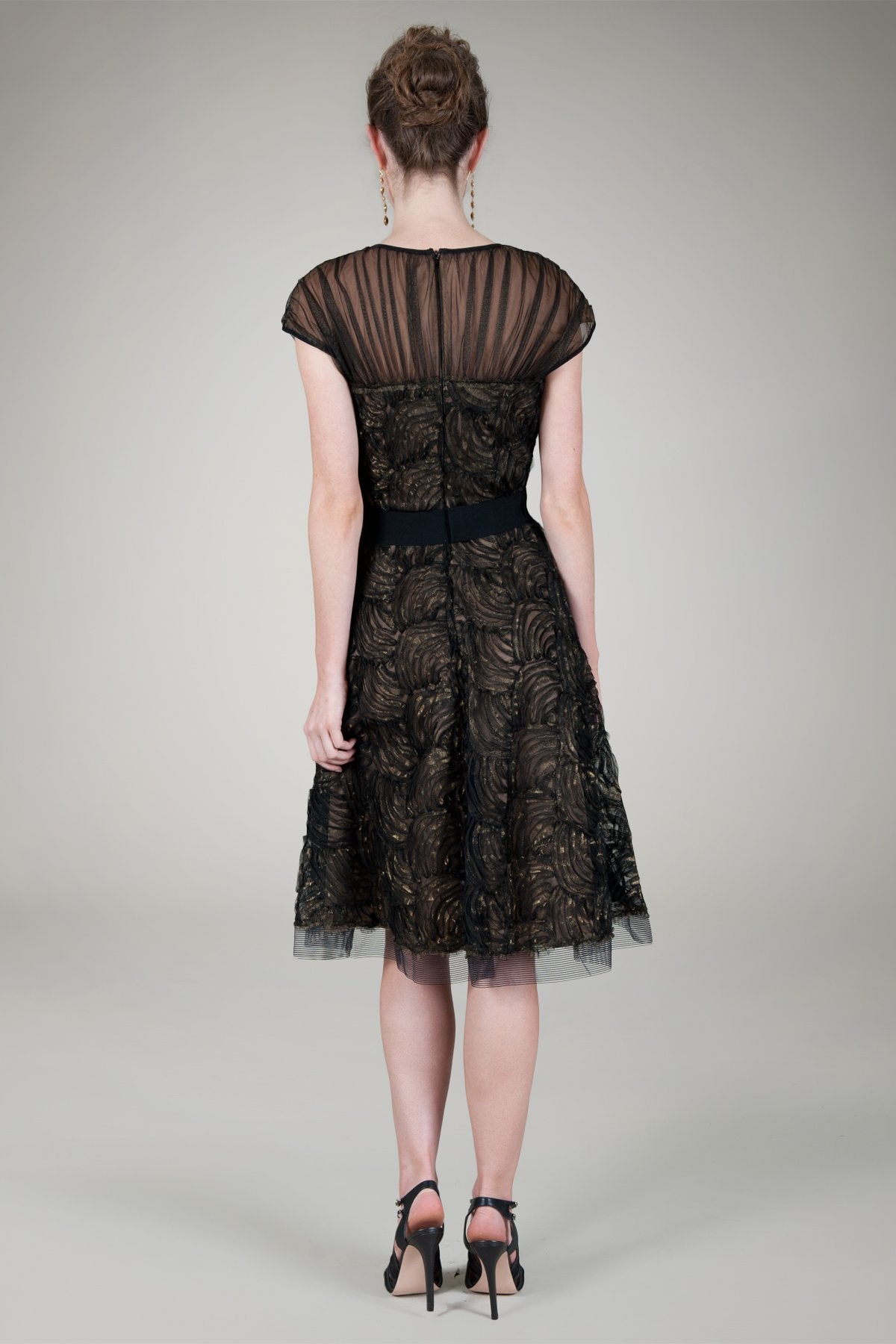 Cut Metallic Tulle Cap Sleeve Dress in Black / Nude