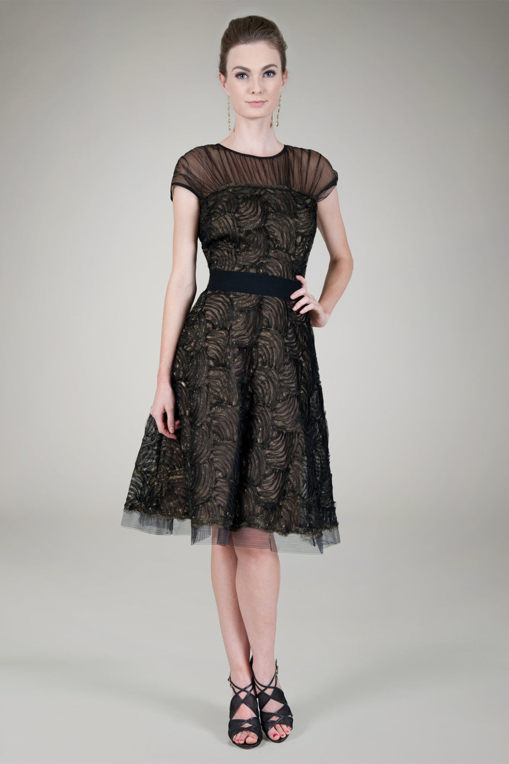 Cut Metallic Tulle Cap Sleeve Dress in Black / Nude