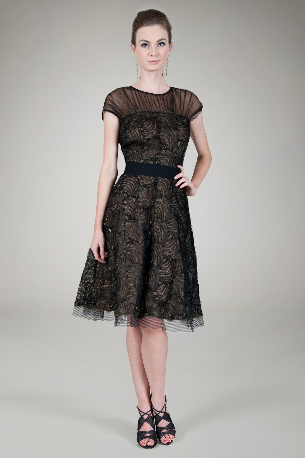 Cut Metallic Tulle Cap Sleeve Dress in Black / Nude