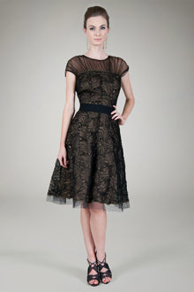 Cut Metallic Tulle Cap Sleeve Dress in Black / Nude