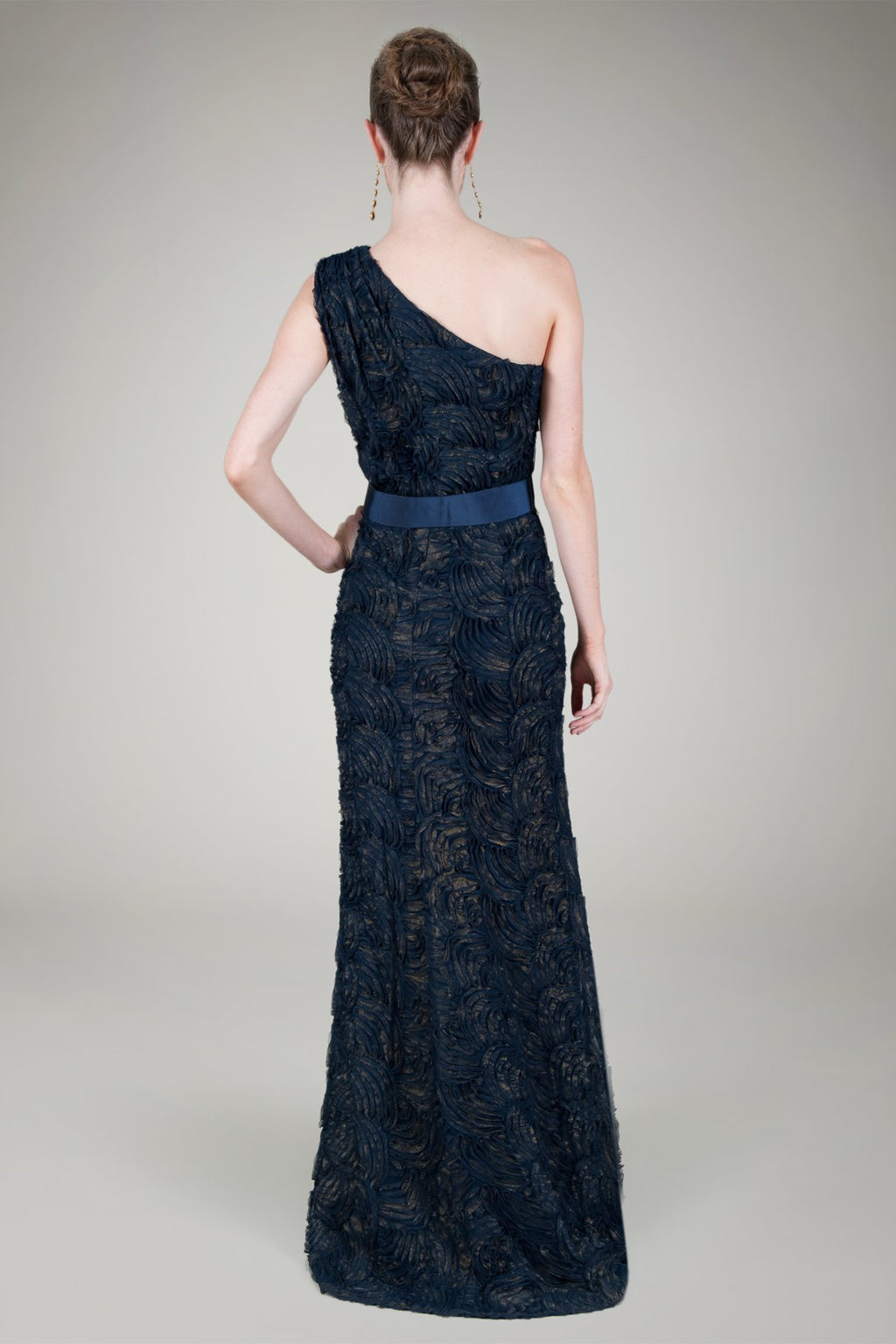 Metallic Tulle One Shoulder Gown in Navy