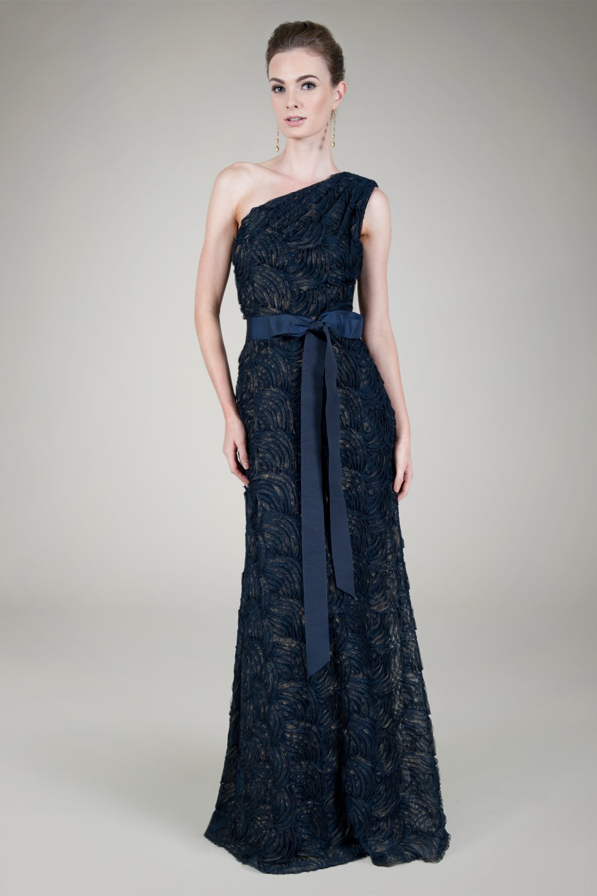 Metallic Tulle One Shoulder Gown in Navy