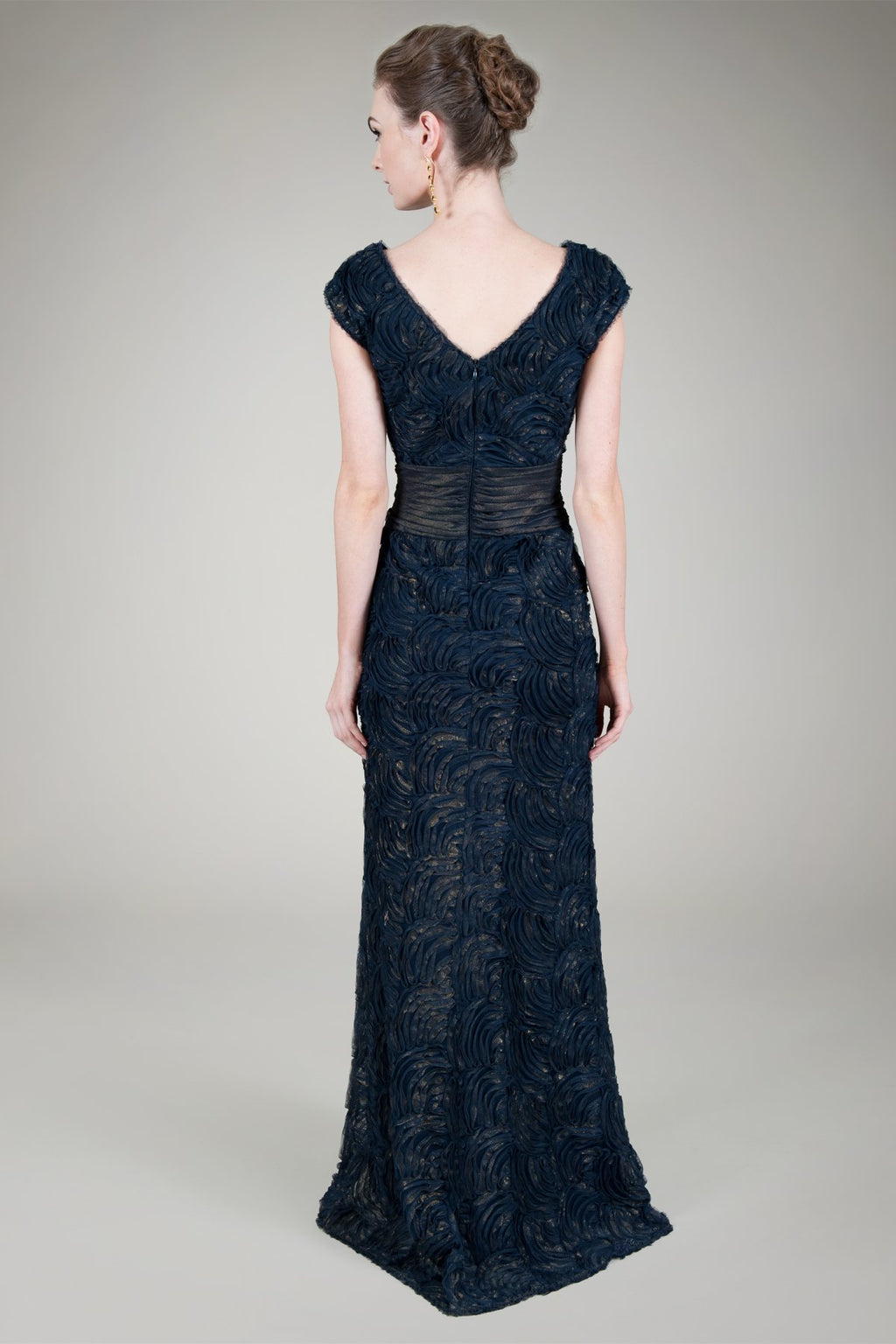 Cut Metallic Tulle Cap Sleeve Gown in Navy
