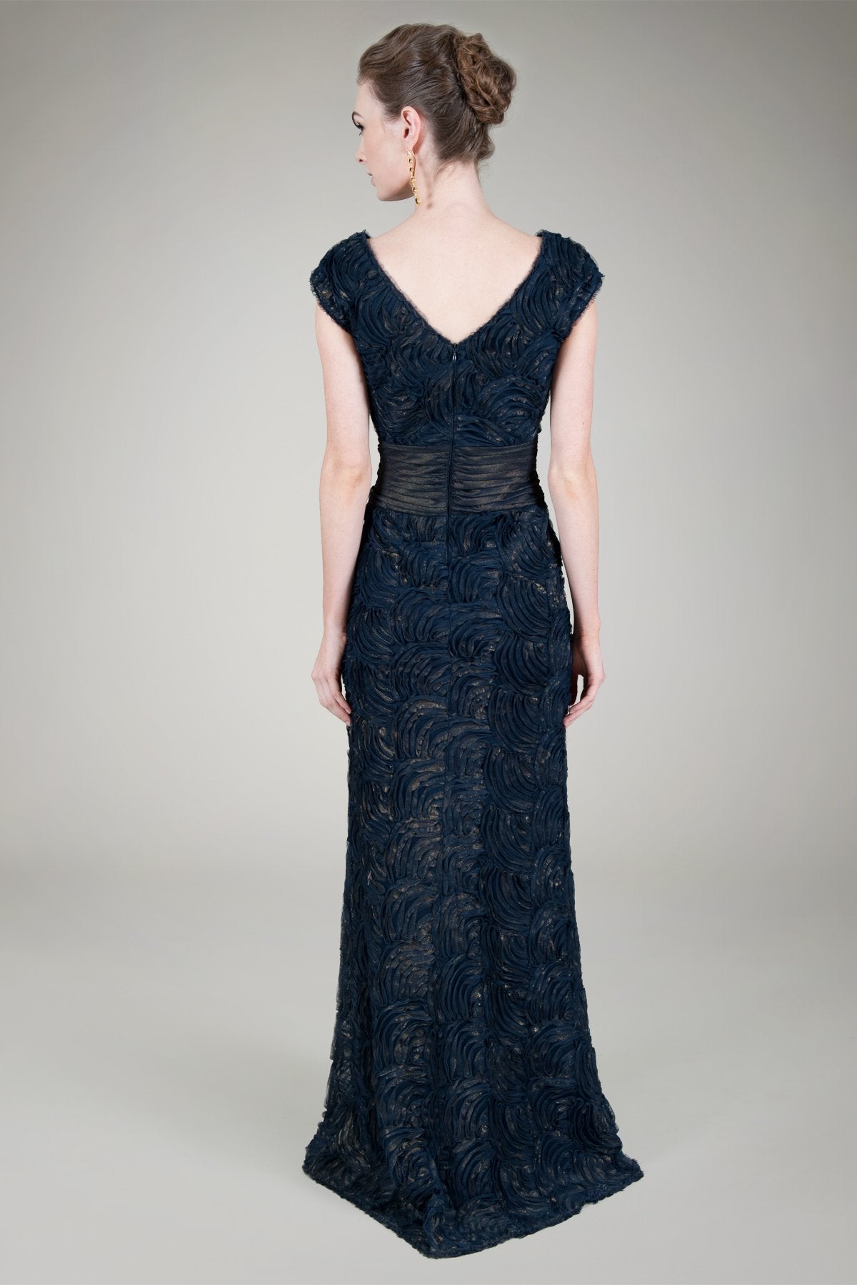 Cut Metallic Tulle Cap Sleeve Gown in Navy
