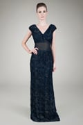Cut Metallic Tulle Cap Sleeve Gown in Navy