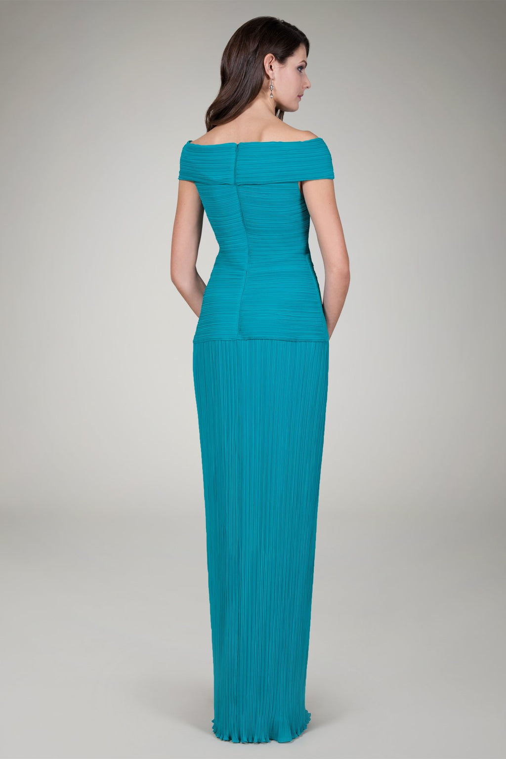 Pleated Chiffon Off Shoulder Gown in Aqua