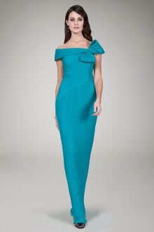 Pleated Chiffon Off Shoulder Gown in Aqua