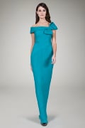 Pleated Chiffon Off Shoulder Gown in Aqua